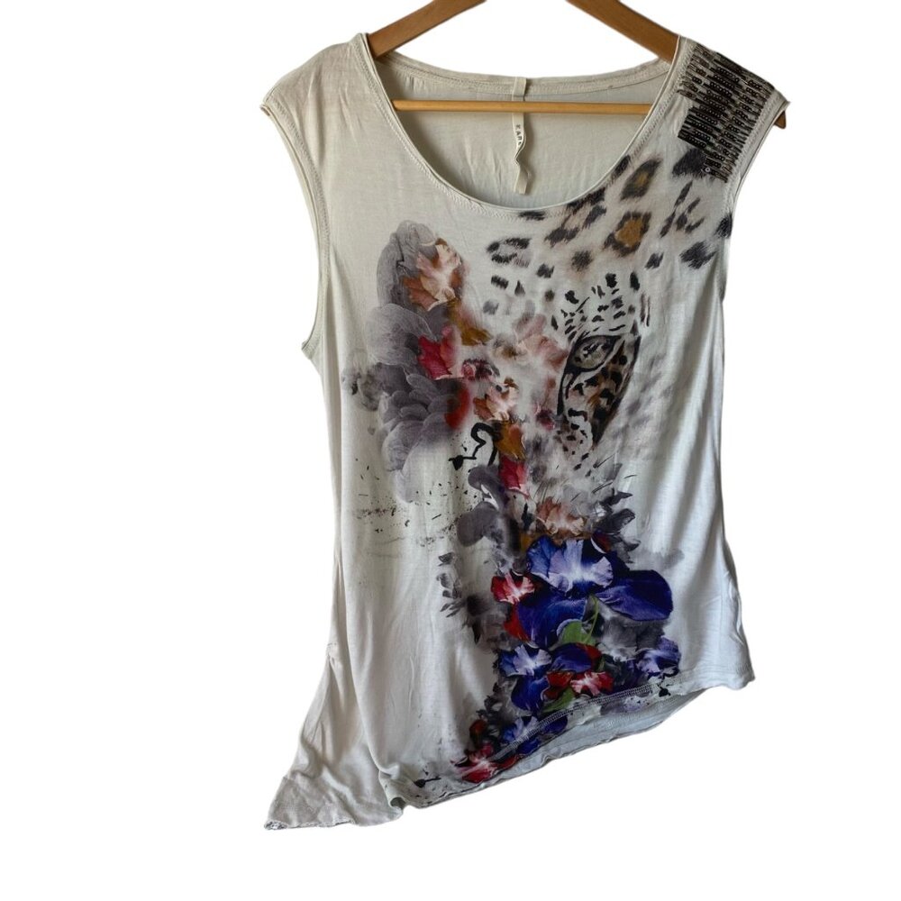 Karen Millen sleeveless tunic top leopard flowers metal beading hi low hem women